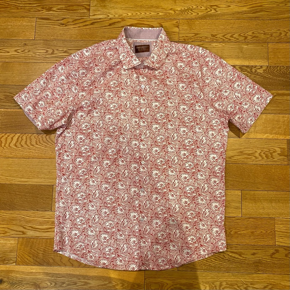 Consequence Men's Red Flower Floral Short Sleeve Button Up Shirt Large
